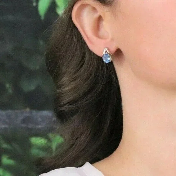 10k Yellow Gold Natural Swiss Blue Topaz and Diamond Earrings Stud Post Earrings